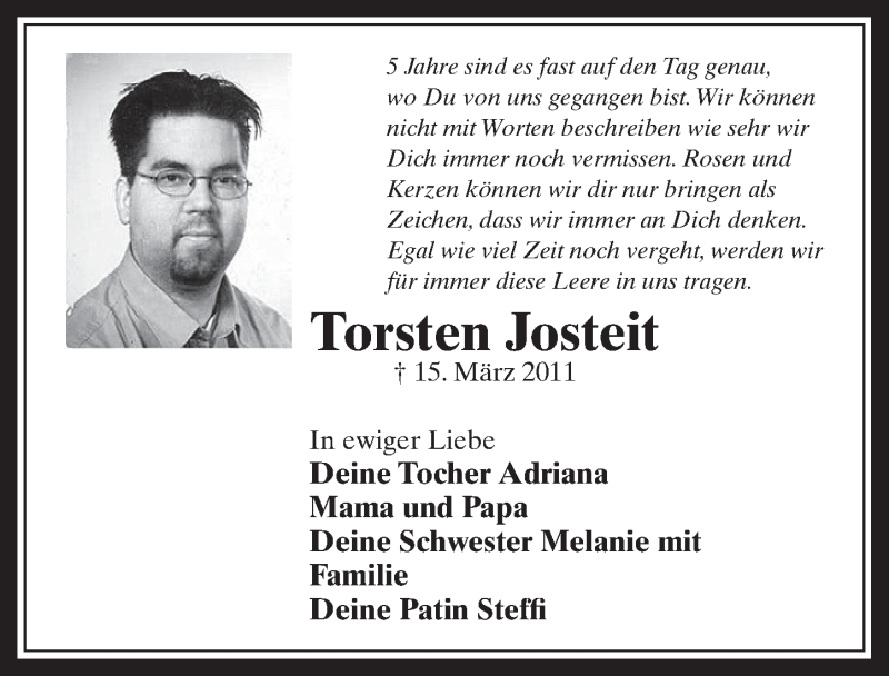 Traueranzeige für Torsten Josteit vom 16.03.2016 aus  Wochenende 