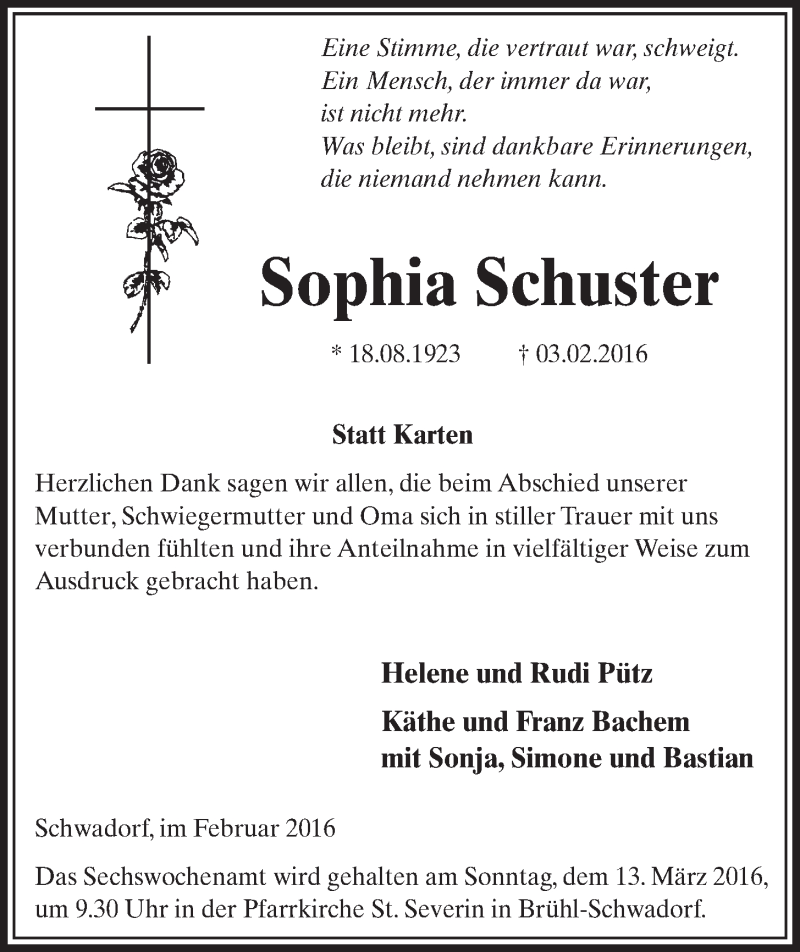  Traueranzeige für Sophia Schuster vom 09.03.2016 aus  Schlossbote/Werbekurier 