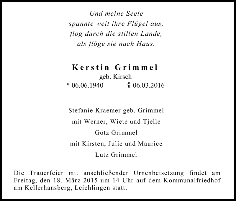  Traueranzeige für Kerstin Grimmel vom 12.03.2016 aus Kölner Stadt-Anzeiger / Kölnische Rundschau / Express