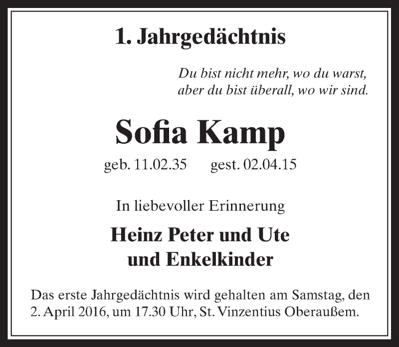  Traueranzeige für Sofia Kamp vom 30.03.2016 aus  Werbepost 