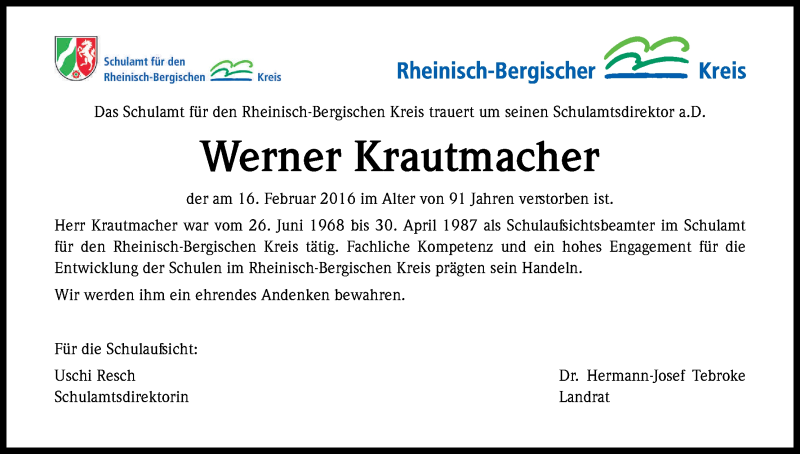  Traueranzeige für Werner Krautmacher vom 12.03.2016 aus Kölner Stadt-Anzeiger / Kölnische Rundschau / Express