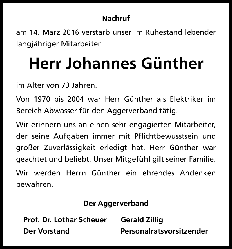  Traueranzeige für Johannes Günther vom 22.03.2016 aus Kölner Stadt-Anzeiger / Kölnische Rundschau / Express