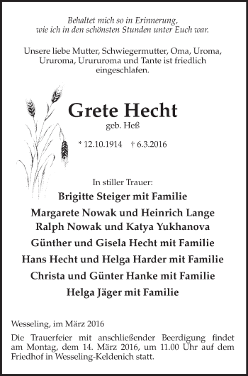 Anzeige von Grete Hecht von  Schlossbote/Werbekurier 