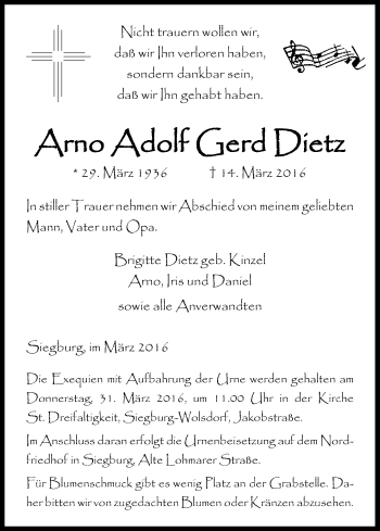 Anzeige von Arno Adolf Gerd Dietz von Kölner Stadt-Anzeiger / Kölnische Rundschau / Express