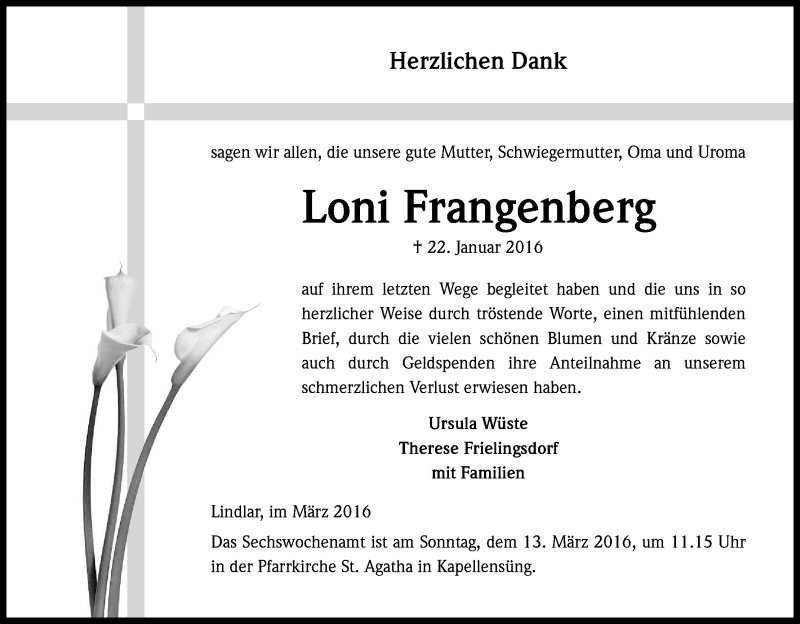  Traueranzeige für Loni Frangenberg vom 05.03.2016 aus Kölner Stadt-Anzeiger / Kölnische Rundschau / Express