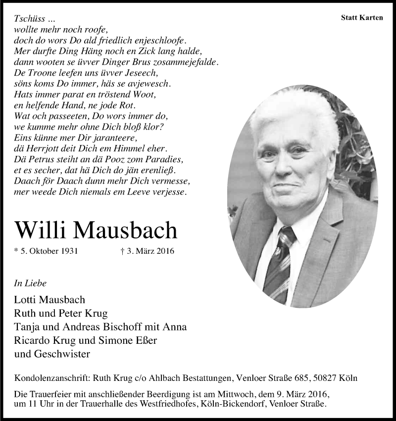  Traueranzeige für Willi Mausbach vom 07.03.2016 aus Kölner Stadt-Anzeiger / Kölnische Rundschau / Express