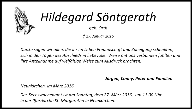  Traueranzeige für Hildegard Söntgerath vom 18.03.2016 aus Kölner Stadt-Anzeiger / Kölnische Rundschau / Express