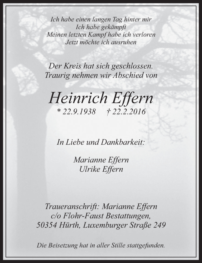  Traueranzeige für Heinrich Effern vom 09.03.2016 aus  Wochenende 