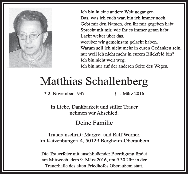  Traueranzeige für Matthias Schallenberg vom 05.03.2016 aus  Sonntags-Post 