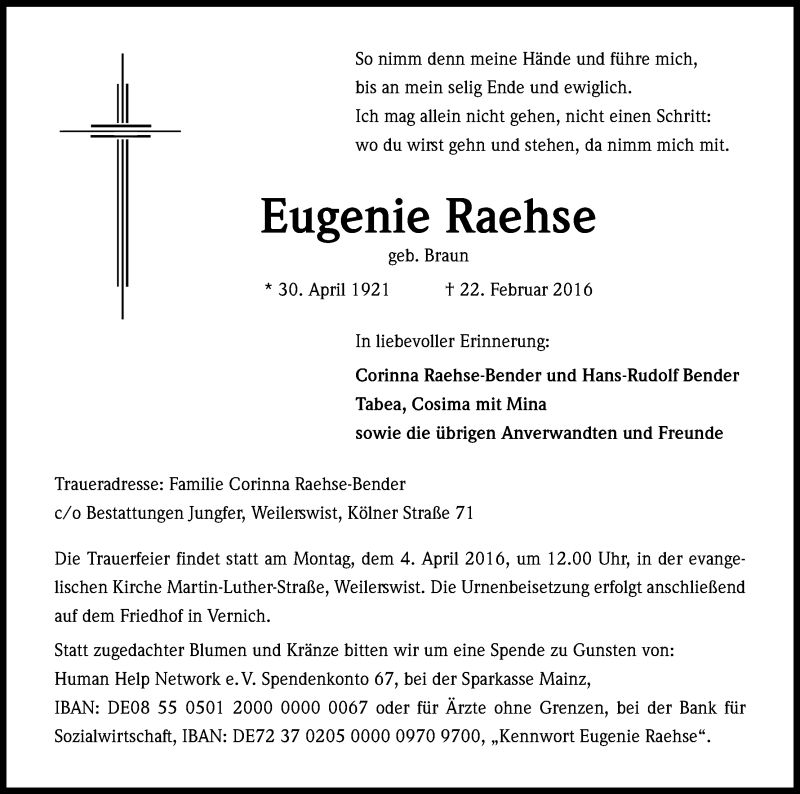  Traueranzeige für Eugenie Raehse vom 01.04.2016 aus Kölner Stadt-Anzeiger / Kölnische Rundschau / Express