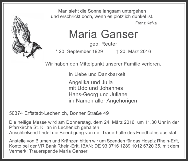  Traueranzeige für Maria Ganser vom 23.03.2016 aus  Werbepost 