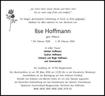 Anzeige von Ilse Hoffmann von Kölner Stadt-Anzeiger / Kölnische Rundschau / Express