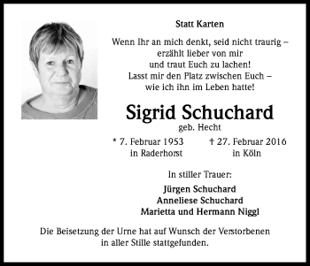 Anzeige von Sigrid Schuchard von Kölner Stadt-Anzeiger / Kölnische Rundschau / Express
