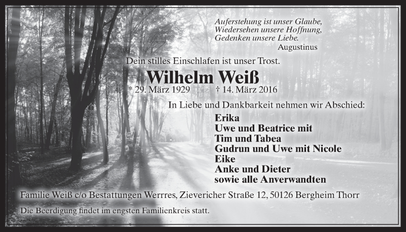  Traueranzeige für Wilhelm Weiß vom 23.03.2016 aus  Werbepost 