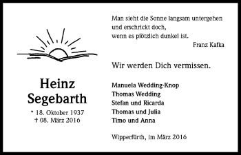 Anzeige von Heinz Segebarth von Kölner Stadt-Anzeiger / Kölnische Rundschau / Express