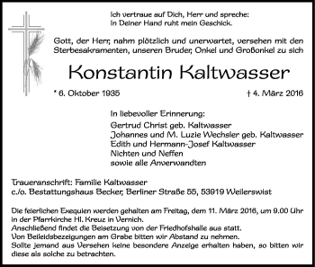 Anzeige von Konstantin Kaltwasser von Kölner Stadt-Anzeiger / Kölnische Rundschau / Express