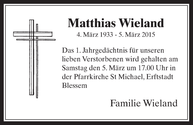  Traueranzeige für Matthias Wieland vom 02.03.2016 aus  Werbepost 