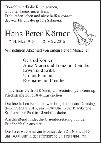 Anzeige von Hans Peter Körner von  Blickpunkt Euskirchen 