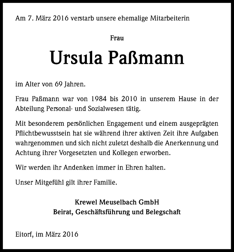  Traueranzeige für Ursula Paßmann vom 12.03.2016 aus Kölner Stadt-Anzeiger / Kölnische Rundschau / Express