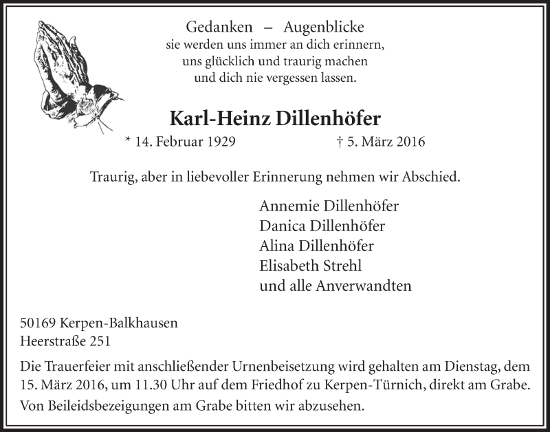  Traueranzeige für Karl-Heinz Dillenhöfer vom 12.03.2016 aus  Sonntags-Post 