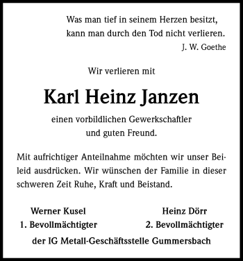 Anzeige von Karl Heinz Janzen von Kölner Stadt-Anzeiger / Kölnische Rundschau / Express