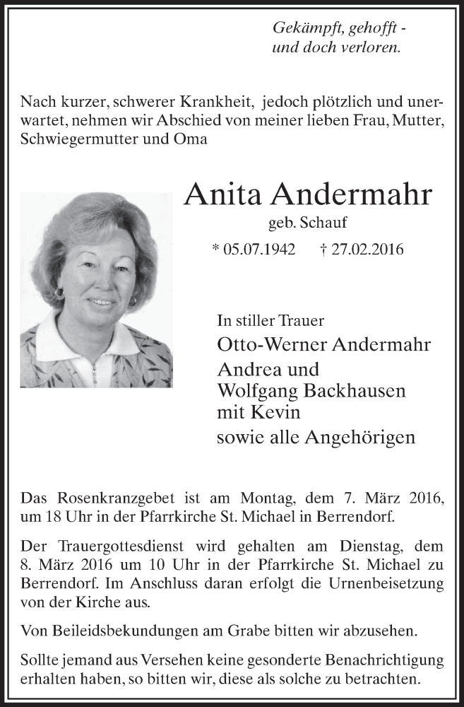  Traueranzeige für Anita Andermahr vom 05.03.2016 aus  Sonntags-Post 
