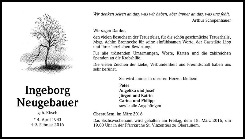  Traueranzeige für Ingeborg Neugebauer vom 12.03.2016 aus Kölner Stadt-Anzeiger / Kölnische Rundschau / Express