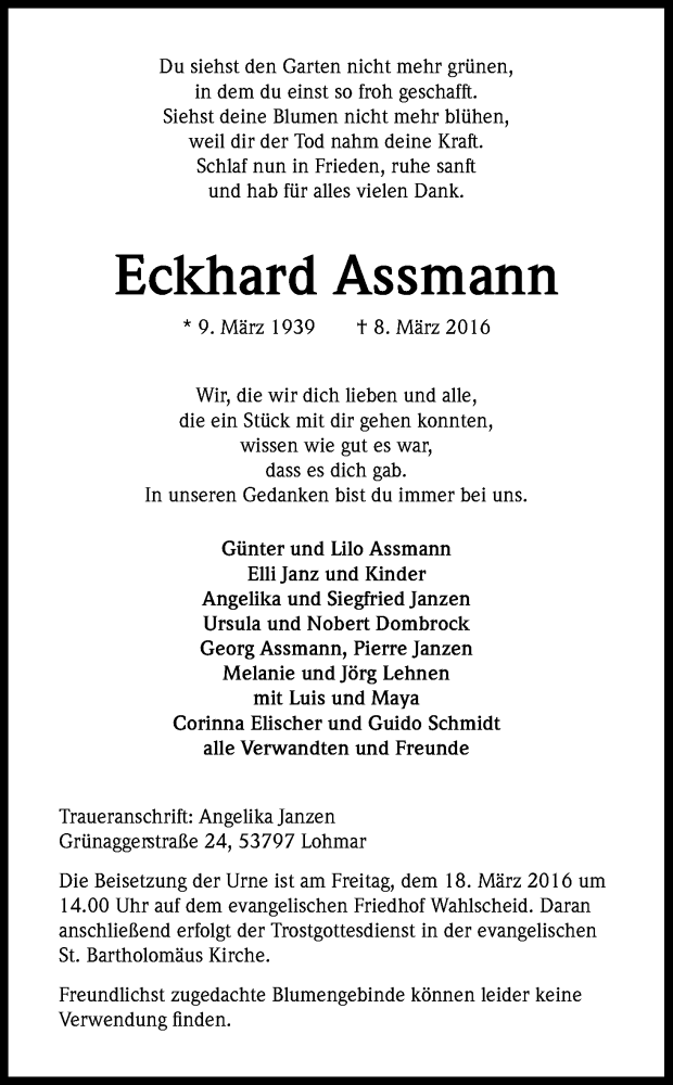  Traueranzeige für Eckhard Assmann vom 12.03.2016 aus Kölner Stadt-Anzeiger / Kölnische Rundschau / Express