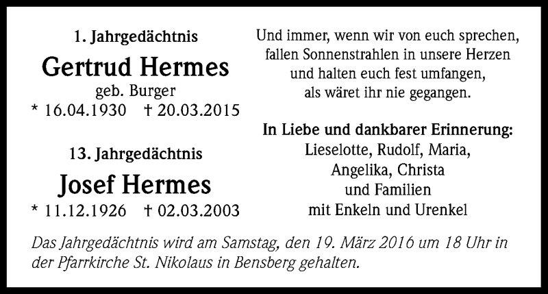  Traueranzeige für Josef Hermes vom 19.03.2016 aus Kölner Stadt-Anzeiger / Kölnische Rundschau / Express