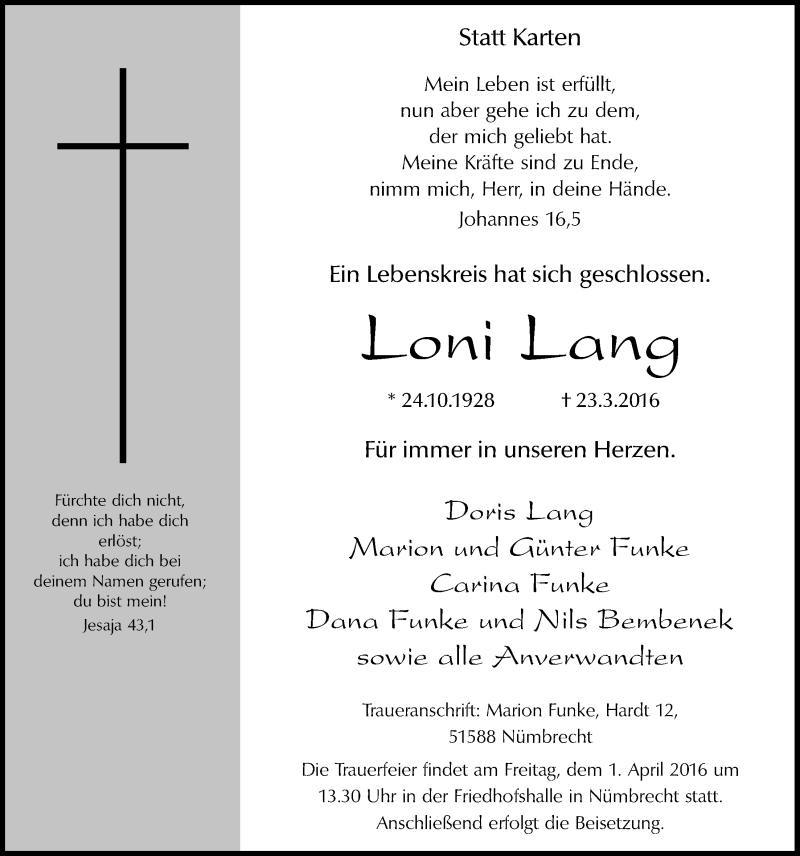  Traueranzeige für Loni Lang vom 30.03.2016 aus  Lokalanzeiger 