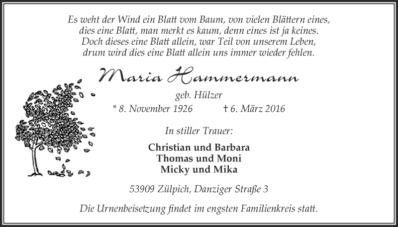  Traueranzeige für Maria Hammermann vom 13.03.2016 aus  Blickpunkt Euskirchen 