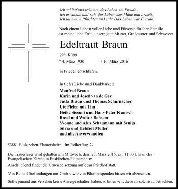 Anzeige von Edeltraut Braun von Kölner Stadt-Anzeiger / Kölnische Rundschau / Express