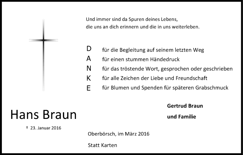  Traueranzeige für Hans Braun vom 05.03.2016 aus Kölner Stadt-Anzeiger / Kölnische Rundschau / Express