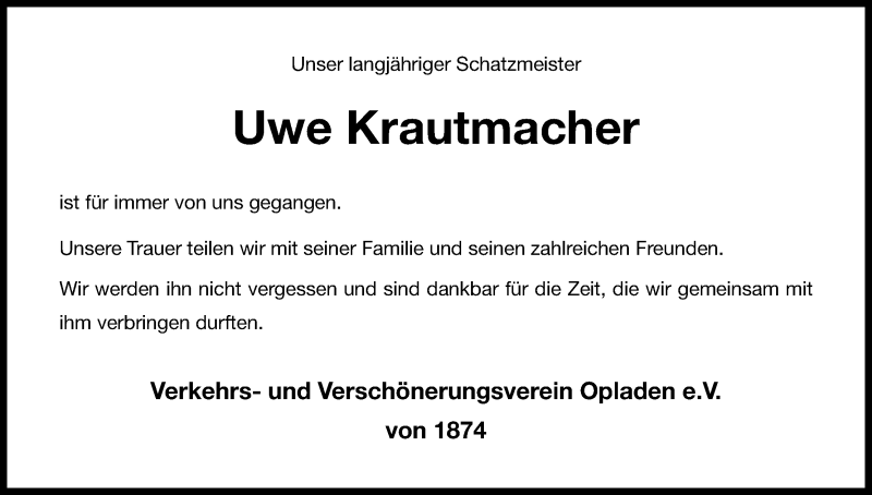  Traueranzeige für Uwe Krautmacher vom 07.03.2016 aus Kölner Stadt-Anzeiger / Kölnische Rundschau / Express