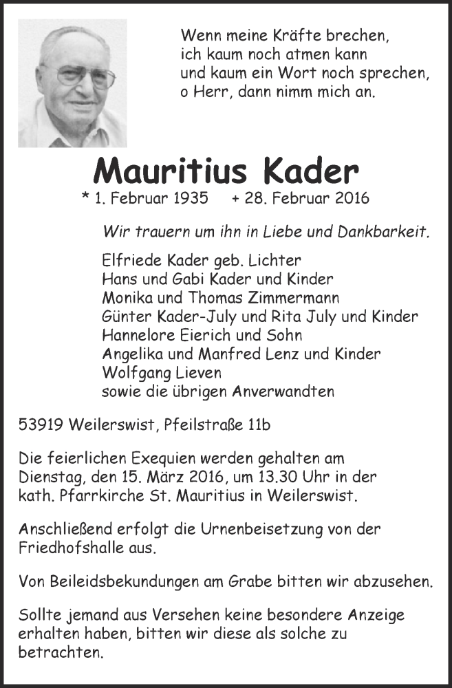  Traueranzeige für Mauritius Kader vom 09.03.2016 aus  Schlossbote/Werbekurier 