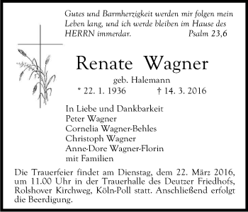 Anzeige von Renate Wagner von Kölner Stadt-Anzeiger / Kölnische Rundschau / Express