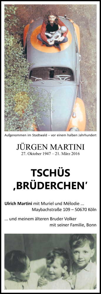  Traueranzeige für Jürgen Martini vom 26.03.2016 aus Kölner Stadt-Anzeiger / Kölnische Rundschau / Express