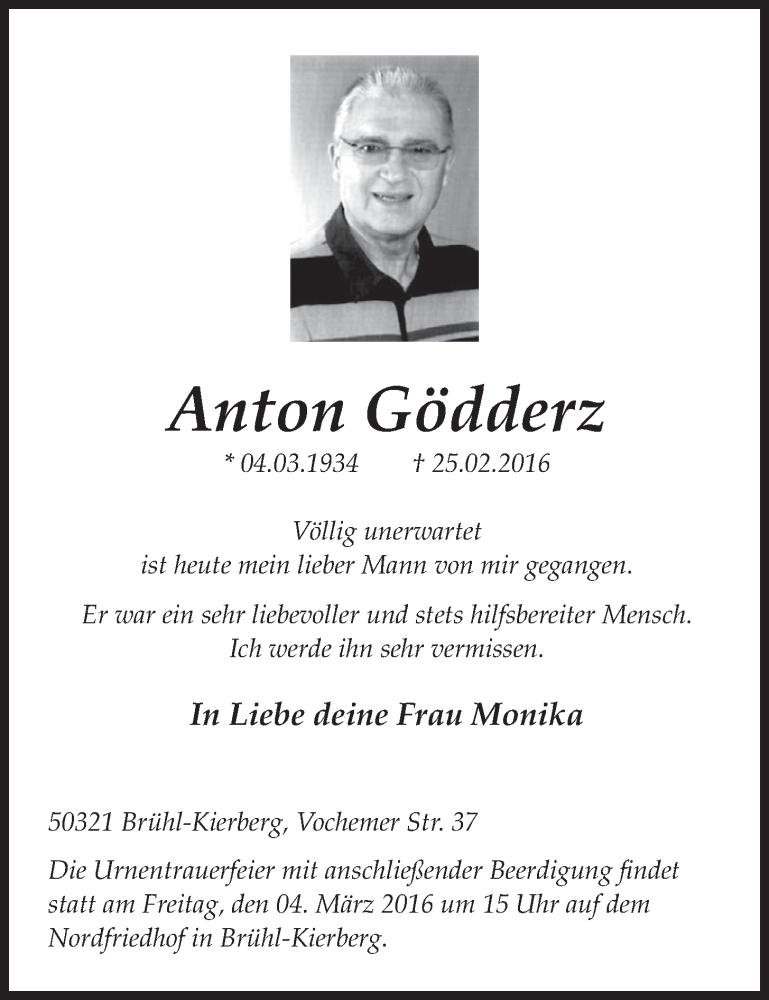  Traueranzeige für Anton Gödderz vom 02.03.2016 aus  Schlossbote/Werbekurier 