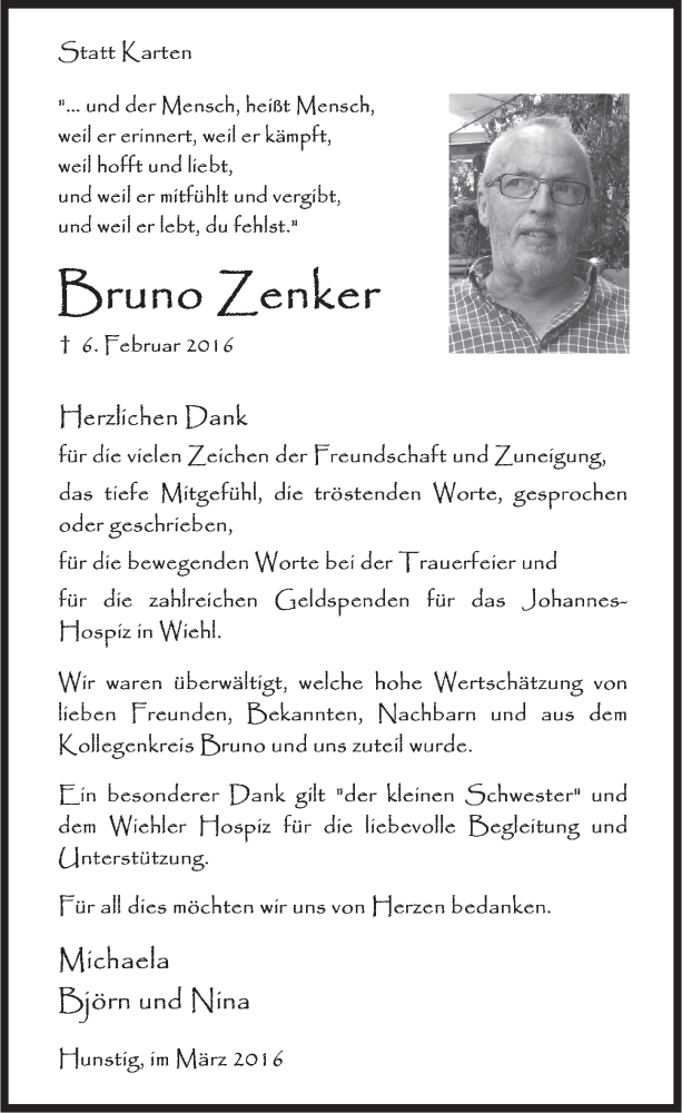  Traueranzeige für Bruno Zenker vom 16.03.2016 aus  Anzeigen Echo 