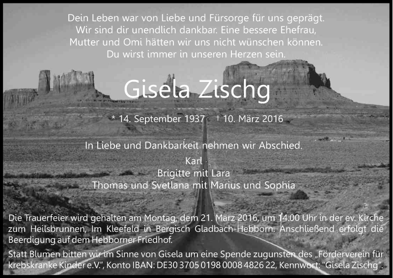  Traueranzeige für Gisela Zischg vom 16.03.2016 aus Kölner Stadt-Anzeiger / Kölnische Rundschau / Express