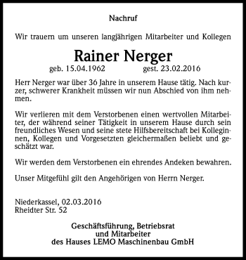Anzeige von Rainer Nerger von Kölner Stadt-Anzeiger / Kölnische Rundschau / Express