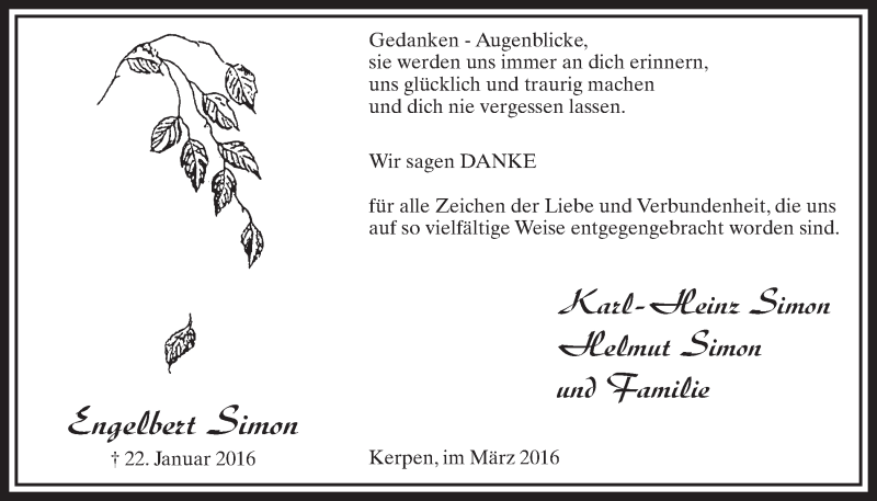  Traueranzeige für Engelbert Simon vom 12.03.2016 aus  Sonntags-Post 
