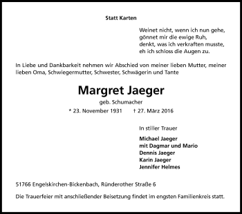 Anzeige von Margret Jaeger von Kölner Stadt-Anzeiger / Kölnische Rundschau / Express