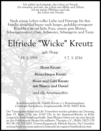Anzeige von Elfriede Kreutz von Kölner Stadt-Anzeiger / Kölnische Rundschau / Express