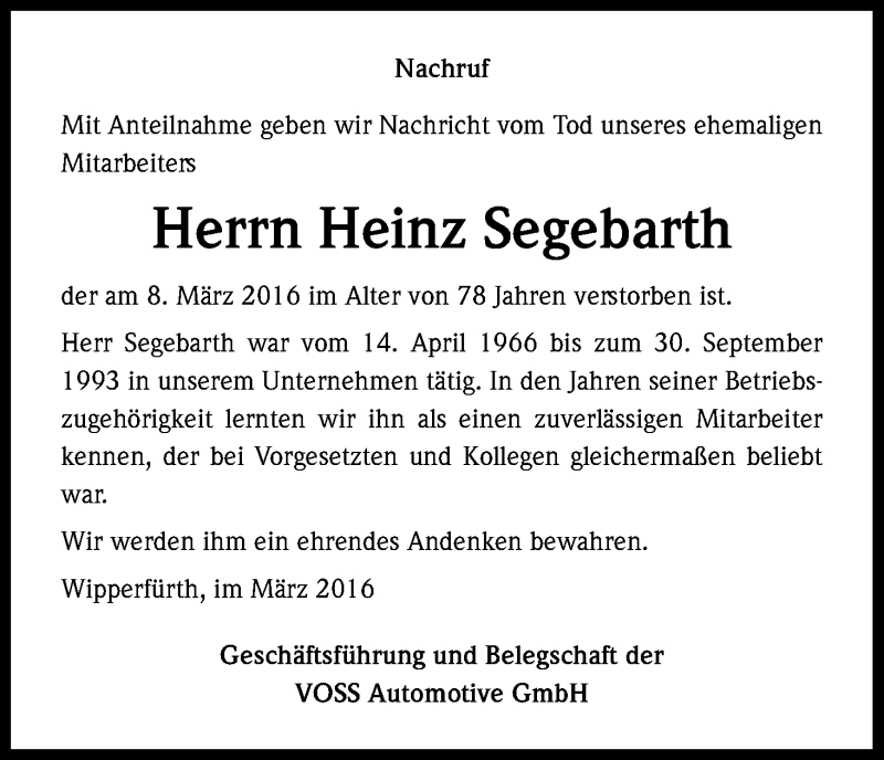  Traueranzeige für Heinz Segebarth vom 17.03.2016 aus Kölner Stadt-Anzeiger / Kölnische Rundschau / Express