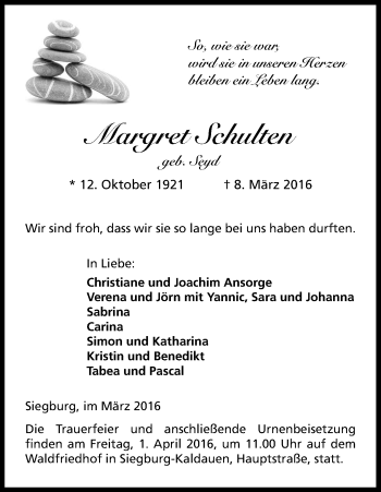 Anzeige von Margret Schulten von Kölner Stadt-Anzeiger / Kölnische Rundschau / Express