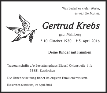 Anzeige von Gertrud Krebs von  Blickpunkt Euskirchen 