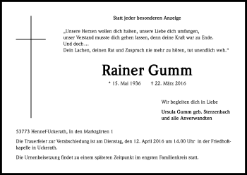 Anzeige von Rainer Gumm von Kölner Stadt-Anzeiger / Kölnische Rundschau / Express
