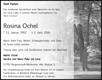 Anzeige von Rosina Ochel von Kölner Stadt-Anzeiger / Kölnische Rundschau / Express