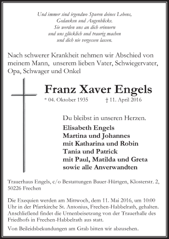 Anzeige von Franz Xaver Engels von  Sonntags-Post 